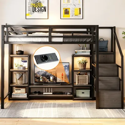 Image de Lit mezzanine 140 x 200 cm avec support TV et prise électrique, lit en métal robuste avec escalier de rangement et sommier à lattes, structure moderne en métal et MDF, noir, capacité de charge de 120 kg, expédié en 4 colis