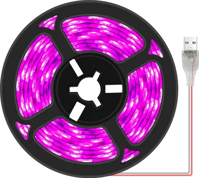 A roll of purple LED strip lights with a USB connector.