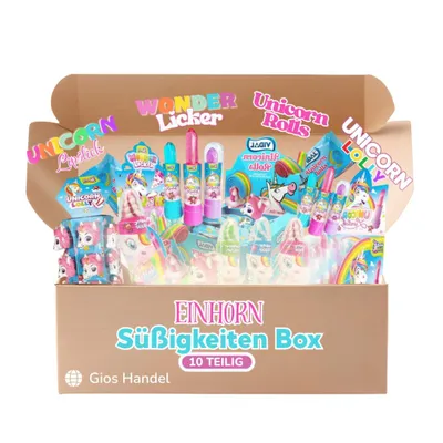 Produktbild von Einhorn Süßigkeiten Box 10-teilig Unicorn Einhorn Süßigkeiten-Mix Fruchtgummis, Einhorn Lollies & Unicorn Lippenstifte Kindergeburtstage, Goodie Bags