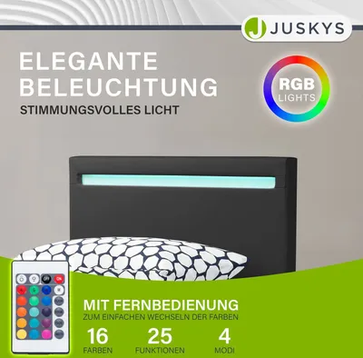 Produktbild von Juskys Polsterbett Verona 90 x 200 cm mit LED, Lattenrost & Kunstleder Schwarz