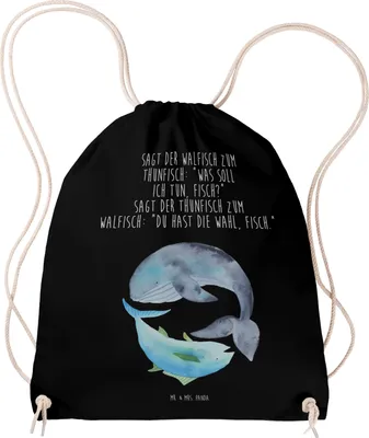 Produktbild von Mr. & Mrs. Panda Drawstring Bag Walfisch Thunfisch - Schwarz - Geschenk, Sportbeutel, Flachwitz, Lustige Sprüche, Turnbeutel, wander rucksack, gym tasche, Jutebeutel