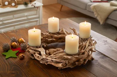 Image de Couronne de l'Avent en bois flotté Ø 40 cm, couronne de table, porte-bougie