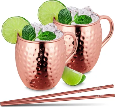 Produktbild von Kupferbecher 470 ml | Lacari ORIGINAL Set von 2 x Kupferbechern & 2 x Strohhalmen | Moscow Mule Becher Set von 2 | Cocktail Bar Geschenk