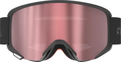 A pair of black ski goggles with a pink mirrored lens.