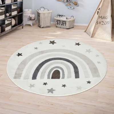 Produktbild von Kinderteppich DOTS Gepunktet Teppich für Kinderzimmer Pastellfarben Schadstofffrei Größe: 150 x 150 cm, Creme