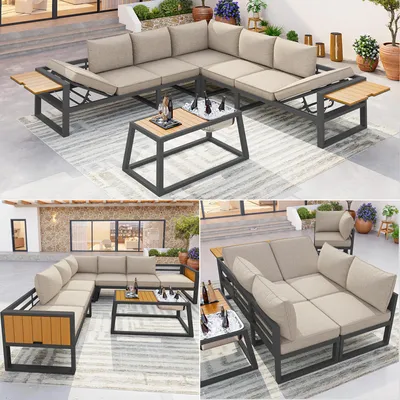 Produktbild von Modulare Gartenlounge mit Eisbehälter & verstellbarer Rückenlehne, 4-tlg. Outdoor Sitzgruppe inkl. 10cm Polstern & WPC-Tisch, wetterfest für Terrasse & Balkon