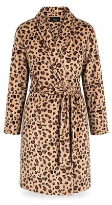 Produktbild von Unyqoos® Damen-Bademantel Nicky-Velours mit Panterprint, Schalkragen – Braun/Beige, XL, mittellang, langärmlig mit Bindegürtel, ideal als Morgen- und Hausmantel