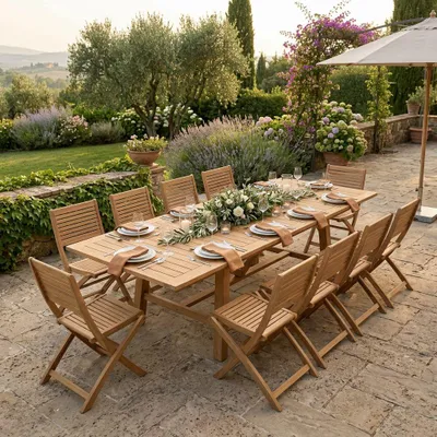 Immagine prodotto di Milani Home - Set tavolo e sedie da giardino per esterno in legno resistente di teak cm.220/300x100x77 h con 10 sedute - Marrone