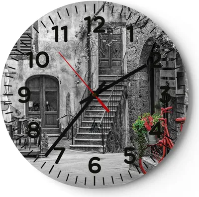 Produktbild von Wanduhr - Rund - Glasuhr - Rot Fahrrad Allee - 30x30cm - Schleichendes Uhrwerk - Lautlos - zum Aufhängen bereit - Dekoration Modern - Wanddekoration aus Glas - C4AR30x30-4410