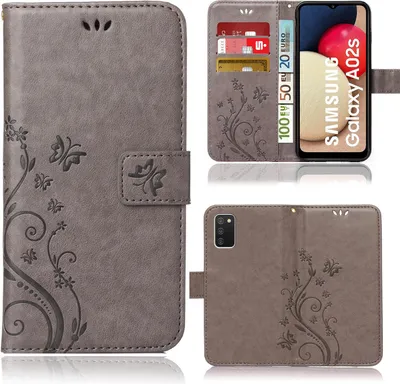 Produktbild von Numerva, Handyhülle, Grau, Blumenmuster, Standfunktion, 3 Kartenfächer, 1 Seitenfach, Magnetverschluss, Kunstleder & TPU, Aufladen ohne Entnahme, für Samsung Galaxy A02s/M02s