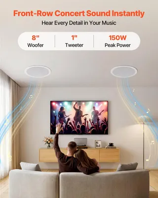 Image de Haut-parleurs encastrables au plafond, 203,2 mm, système de haut-parleurs encastrables au plafond et au mur, son Hi-Fi, 150W (puissance maximale), haut-parleurs 2 voies à encastrement plat, adaptés aux environnements humides, pour home cinéma, salon, terrasse couverte, 1 paire