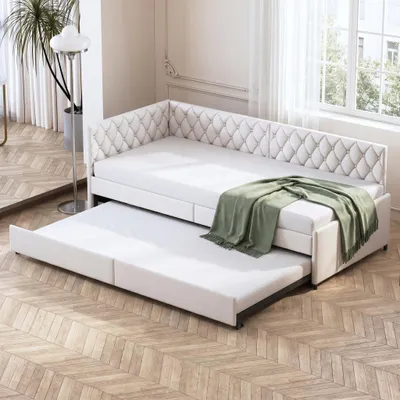 Produktbild von INONEFT Tagesbett 90x200 cm mit Ausziehbett, Schlafsofa mit Lattenrost, Einzelbett Gästebett Daybett Jugendbett, Samt, Beige