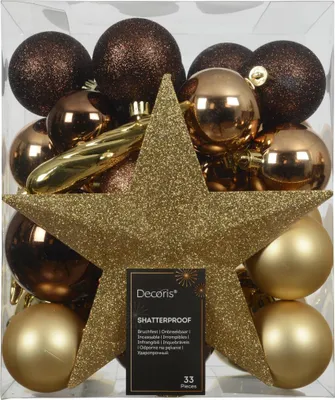 Produktbild von Decoris Weihnachtskugeln mit Christbaumspitze aus Kunststoff bruchsicher Ø 5, 6, 8 cm gold-braun 33 Stück