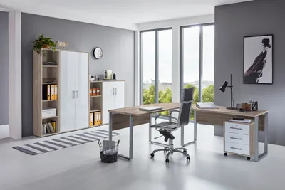 Produktbild von BMG Möbel Büromöbel-Set, Office Edition Set 4, eiche sonoma/ weiß hochglanz