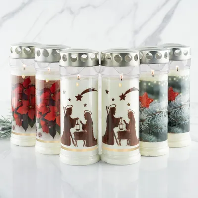 Immagine prodotto di Candele funerarie HOFER con durata di combustione di 7 giorni e motivo decorativo - 6 pezzi - [Natale Select] - Resistenti alla pioggia - Candele funerarie con coperchio - Luce da tomba, candela da cimitero