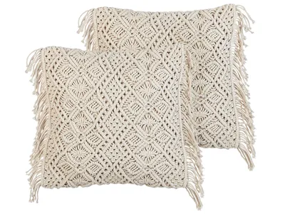 Obrázek produktu pro BELIANI Sada 2 dekoračních polštářů béžová bavlněná makramé 45 x 45 cm se střapci lano boho retro dekorace příslušenství