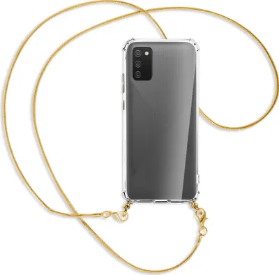 Produktbild von Handykette Backcover-Schutzhülle mit Band (Metall goldfarben) für Samsung Galaxy A02s - goldfarbene Kette Snake