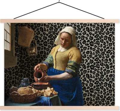 Produktbild von MuchoWow® Textilposter Milchmädchen - Kunst - Pantherdruck - Vermeer - Gemälde - Alte Meister 150x113 cm mit holzfarbenen Rahmen - Poster