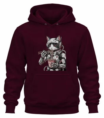 Productafbeelding van Cyberpunk kat, ramen, noedels, mecha, Japan, Y2K, manga, otaku, hoodie, sweater, bordeauxrood, maat M