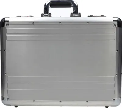 A front view of a silver aluminum attaché case.