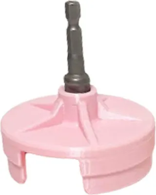 A close-up studio shot of a pink knitting machine adapter with a gray hex steel bit attached.