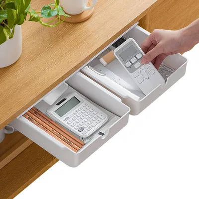 Zdjęcie produktu dla Szuflada pod stołem 2-częściowy organizer do szuflady Samoprzylepna szuflada Kreatywne naklejki biurowe Ukryta szuflada Organizer na biurko Taca ładująca