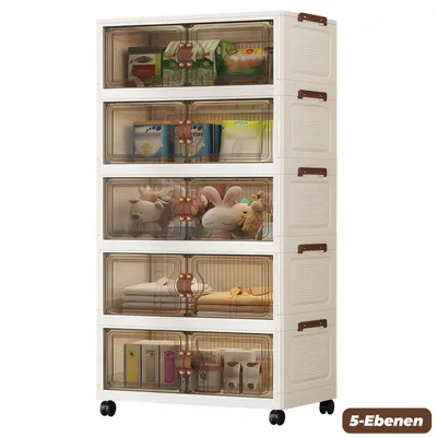 Immagine prodotto di Contenitore pieghevole a 5 ripiani con coperchio, contenitori impilabili, contenitori impilabili trasparenti in plastica con sportello e rotelle per cucina, ufficio e casa