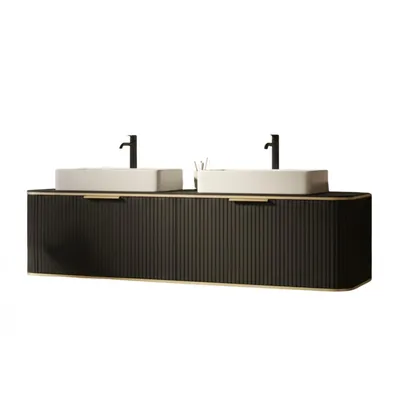 Produktbild von Waschtisch mit Unterschrank Set RIVELA mit 2 Schubladen 120 cm Schwarz, Eiche Cremona, 2 Keramik-Waschbecken Softclose geriffelter Front Badmöbel