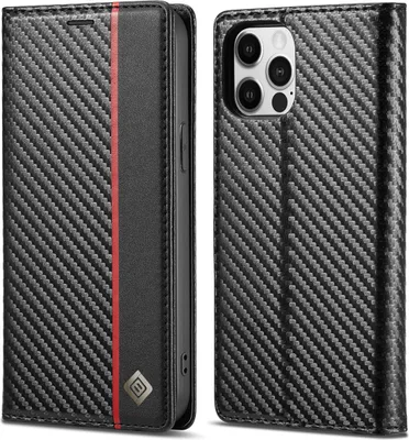 Produktbild von Hülle für iPhone 12 / 12Pro Kohlefaser Leder Brieftasche Schutzhülle mit Standfunktion Schwarz Vertikale Rot