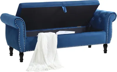 Produktbild von Samt-Aufbewahrungsbank - Gepolsterte Sitzbank mit Armlehnen - Großer Stauraum 133 cm - Metallgestell - Für Schlafzimmer & Wohnzimmer - Blau