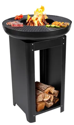 Produktbild von 3-in-1 Grill mit Teppanyaki Platte und Feuerschale für Terrasse und Garten, Terrassenkamin mit Holz-Aufbewahrungsfach
