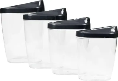 Four clear storage containers with black lids are arranged in a row against a white background.