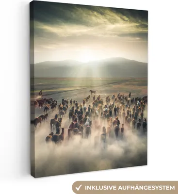 Produktbild von MuchoWow® - Leinwandbilder - Pferde - Natur - Nebel - Wildtiere, Wandbild, Wanddeko Bilder Wohnzimmer, 60x80cm