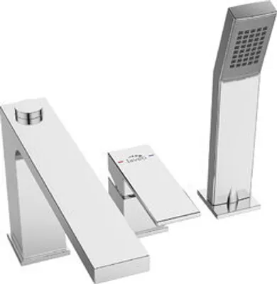 A modern, chrome-finished faucet with a handheld showerhead, presented on a white background.