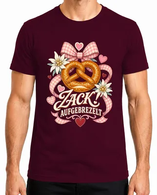 Produktbild von Zack! Aufgebrezelt Brezel Edelweiß Trachtenshirt Lederhose Dirndl Herren T-Shirt, Burgundy, S