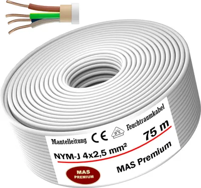 Obrázok produktu pre Kábel odolný proti vlhkosti Napájací kábel Kábel s plášťom 75 m NYM-J 4x2,5 mm² Elektrický kábel