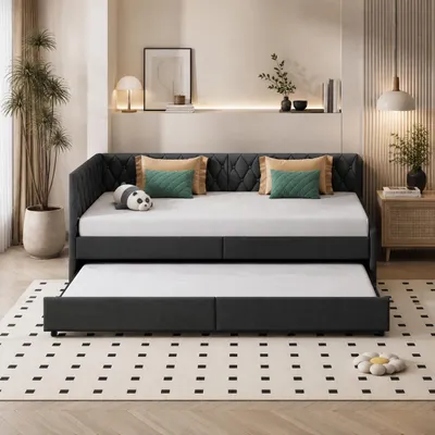 Produktbild von INONEFT Schlafsofa 90×200 cm, Ausziehbares Polsterbett, Tagesbett Einzelbetten mit Lattenrost und Armlehnen, Samt Jugendbett, Grau, Ohne Matratze, KI-generiertes Bild