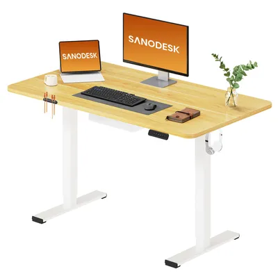 Produktbild von SANODESK QS1 Höhenverstellbarer Schreibtisch Elektrisch EINTEILIGE TISCHPLATTE, 4 Speicherplätzen, Haken & Kabelmanagement, 120x60cm (Ahorn)