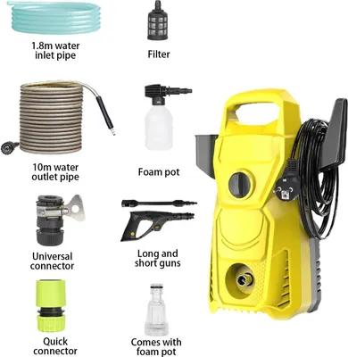 Immagine prodotto di Idropulitrice elettrica - 135 bar - 1500 W, 220 V, spina UE - 5,6 l/min, tubo da 10 m - Ugello orientabile da 0 a 160° - Lavaggio auto e giardino - Giallo
