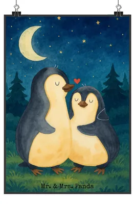 Produktbild von Mr. & Mrs. Panda Bild Pinguine Einschlafen Design DIN A3 - Weiß - Geschenk, Wandbild, für Frauen, Valentinstag, Jahrestag, wanddeko, Freundin, Hochzeitstag, Plakat
