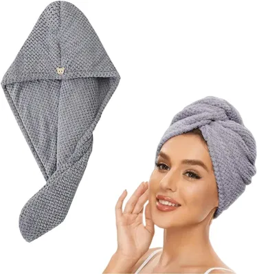 Produktbild von Mikrofaser-Haarhandtuch, schnell trocknender Haarturban 25 x 65 cm mit Knopf, saugfähiges Turbanhandtuch für lange Haare, Grau