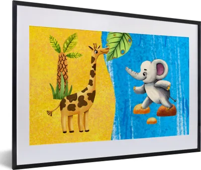 Produktbild von MuchoWow® MuchoWow® Gerahmtes Poster Elefant - Giraffe - Wasser 60x40 cm - Poster mit zchwarzem Bilderrahmen - Schlafzimmer - Plakat in Rahmen - Drucken