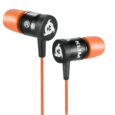 A pair of black and orange in-ear headphones with the brand logo on a white background.