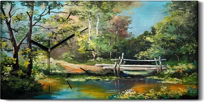 Produktbild von Küchenuhr Bürouhr Leinwand Uhr Geräuschlos 60x30 Landschafts Baum See Brücke - schwarze Hände