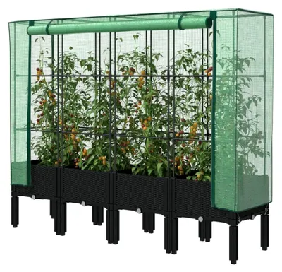 Produktbild von Hochbeet mit Gewächshausabdeckung in Rattanoptik 160x40x140cm