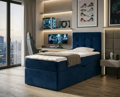 Produktbild von NORDELO Boxspringbett INCANTO 120x200 cm AMOR Velvet Dunkelblau Komplett-Set gepolstertes Einzelbett mit Stauraum, Matratze und 4 cm Visco-Topper, Bonellfederkernmatratze, T30-Schaum