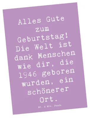 Produktbild von Mr. & Mrs. Panda Postkarte Spruch 1946 Geburtstag - Lavendeltraum - Geschenk, Jahrgangsgeschenke, Geburtsjahr, Geschenke für, Alter, Geburtstagswünsche, Ansichtskarte
