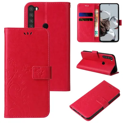 Produktbild von Handyhülle für Xiaomi Redmi Note 8 Floral Blumen Schmetterling Flip Cover Hülle Case Klapphülle Handytasche Farbe: Rot
