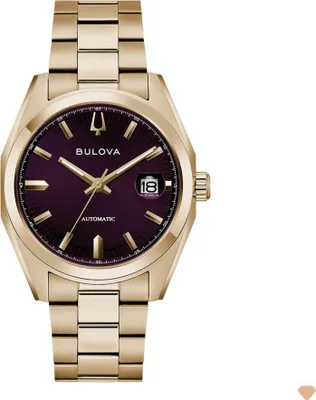 A product shot of a gold-colored Bulova men's watch with a purple dial.