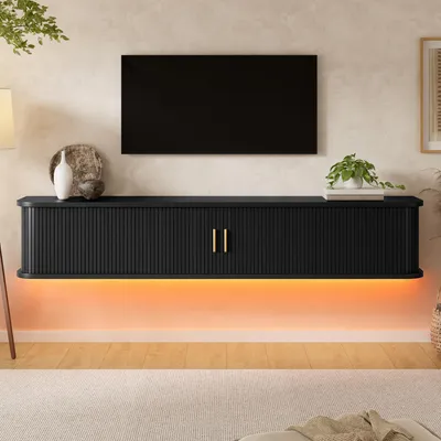 Imagen del producto de Mueble de pared para TV Merax con iluminación LED, mueble de TV suspendido con puertas correderas y tiradores metálicos dorados, mueble bajo para TV con diseño de ranuras, fabricado en MDF, color negro